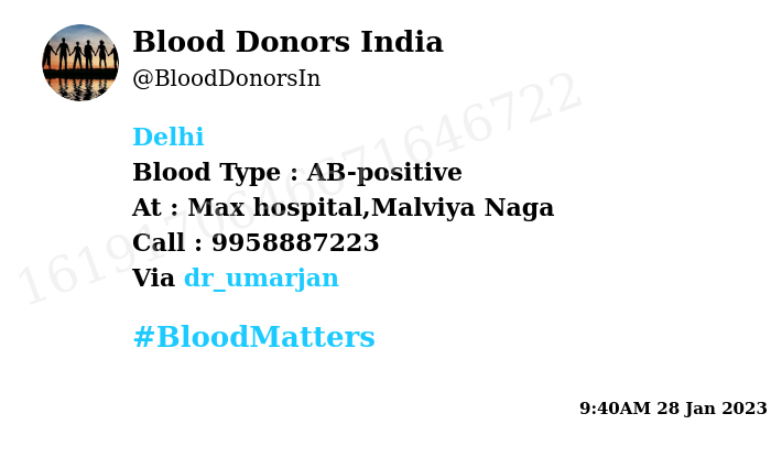 #SOS
#Delhi
Need #Blood Type :  AB-positive
Blood Component : Platelets (AB+ or AB-)
Primary Number : 9958887223
Secondary Number : 8800222102
Via: <a href="/dr_umarjan/">Dr Umar</a>
#BloodMatters