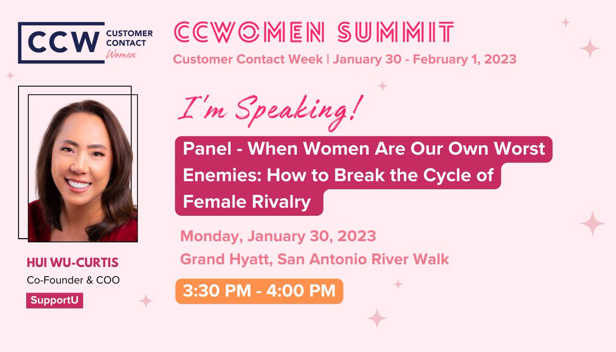 hui_wu's tweet photo. I’m please to announce that I’ll be speaking at CCWomen Summit at Customer Contact Week (CCW). Go register. All are welcomed! https://t.co/jxAEwHuyyk