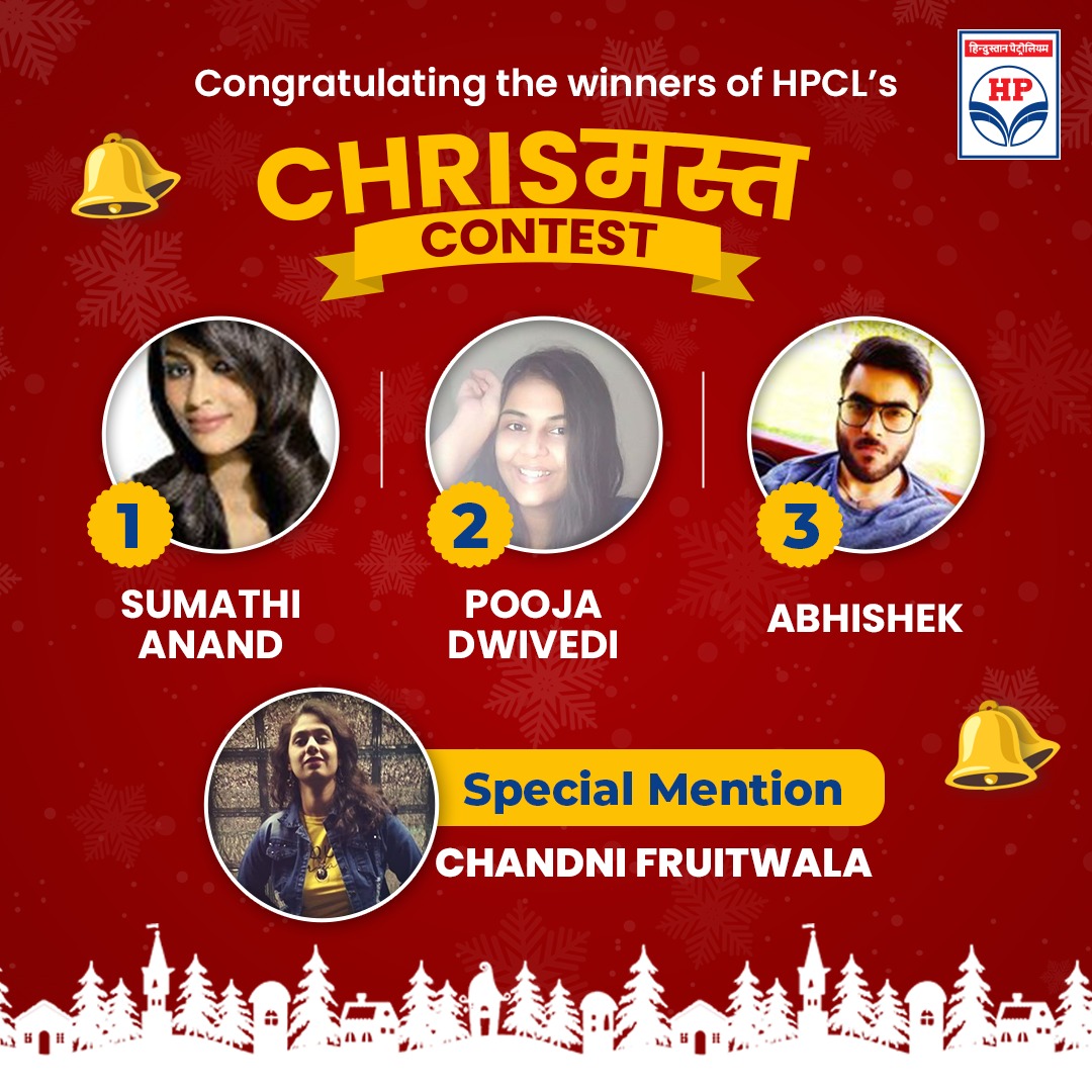 HPCL's tweet photo. Thank you for being a part of our Christmas celebrations! Santa &amp; everyone at #HPCL are overjoyed to see all the good deeds that you all have been doing. Congrats to the winners, and stay tuned for more exciting contests &amp; prizes!
#ChristmasWithHPCL #Contest #ContestResults https://t.co/3gXfUhTNtq