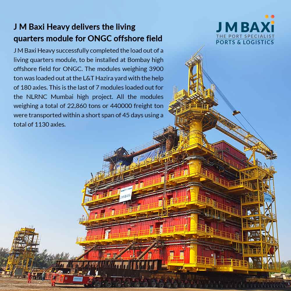 jmbaxigroup's tweet photo. J M Baxi Heavy delivers the living quarters module for ONGC offshore field
#logistics #projectlogistics #heavylogistics #heavylifting #heavytransport #sustainability #offshore #india https://t.co/epomX23w6v