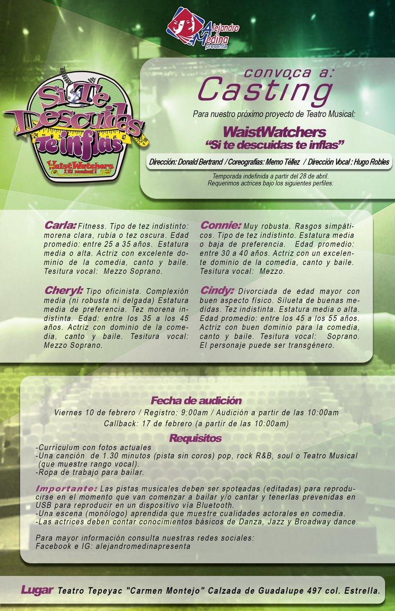 𝐀𝐥𝐞𝐣𝐚𝐧𝐝𝐫𝐨 𝐌𝐞𝐝𝐢𝐧𝐚 𝐏𝐫𝐞𝐬𝐞𝐧𝐭𝐚 te invita a su próximo casting que se realizará en el 𝐓𝐞𝐚𝐭𝐫𝐨 𝐓𝐞𝐩𝐞𝐲𝐚𝐜 del musical off-Broadway "WaistWatchers The Musical - Si Te Descuidas Te Inflas"

#teatromusical #audiciones #actrices

alejandromedinapresenta.com/audiciones