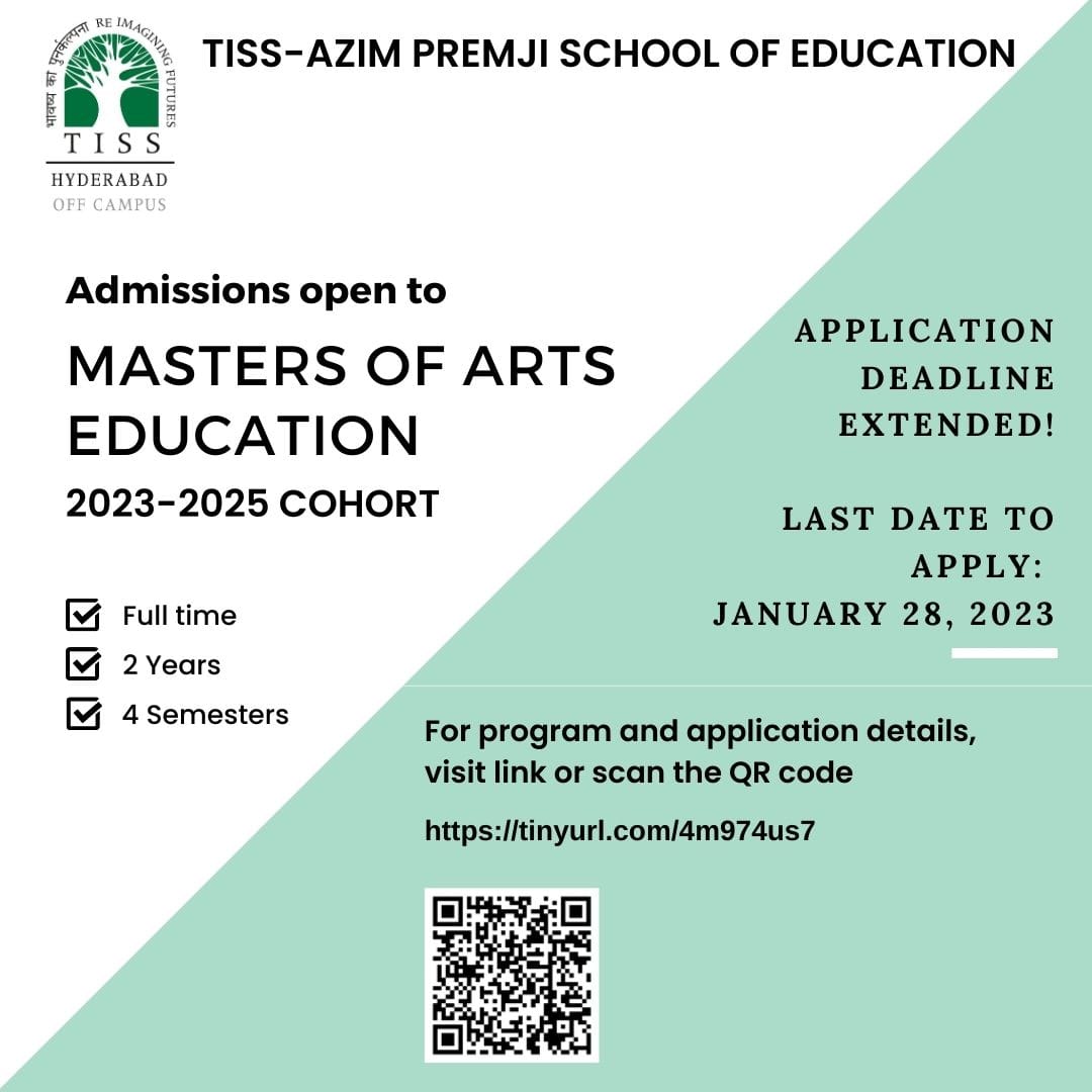 Admission Alert
*Last  day* to apply for the MA Education program, TISS-Hyderabad
Link for the admission is below

tinyurl.com/4m974us7

 #SudyAtTISSHyderabad
#ADMISSIONALERT2023
#university #mastersdegree #applynow #postgrad #postgraduatestudies #universitycampus