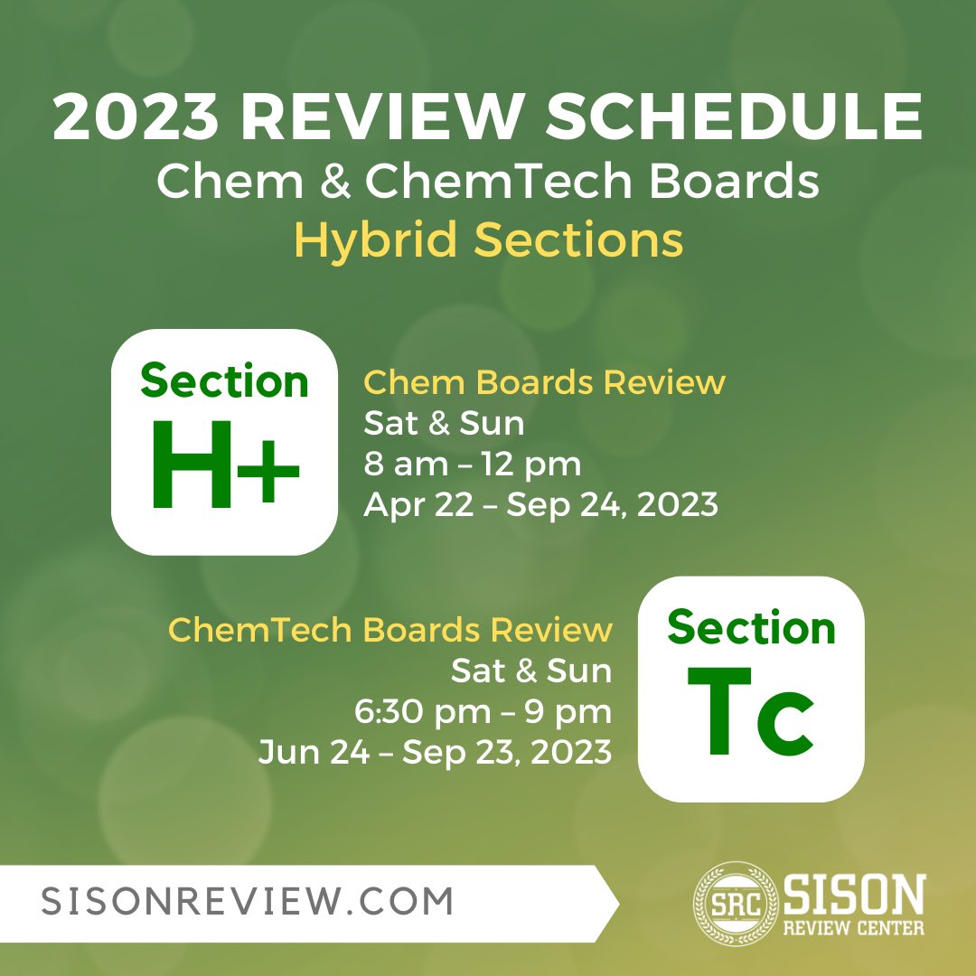 sisonreview's tweet photo. Enrollment in our 2023 CHEMIST AND CHEMICAL TECHNICIAN BOARD EXAM Hybrid Review Programs is now open!
REGISTER ONLINE at https://t.co/1SHu18r3gL.
#SisonReview https://t.co/yVM614RTE3