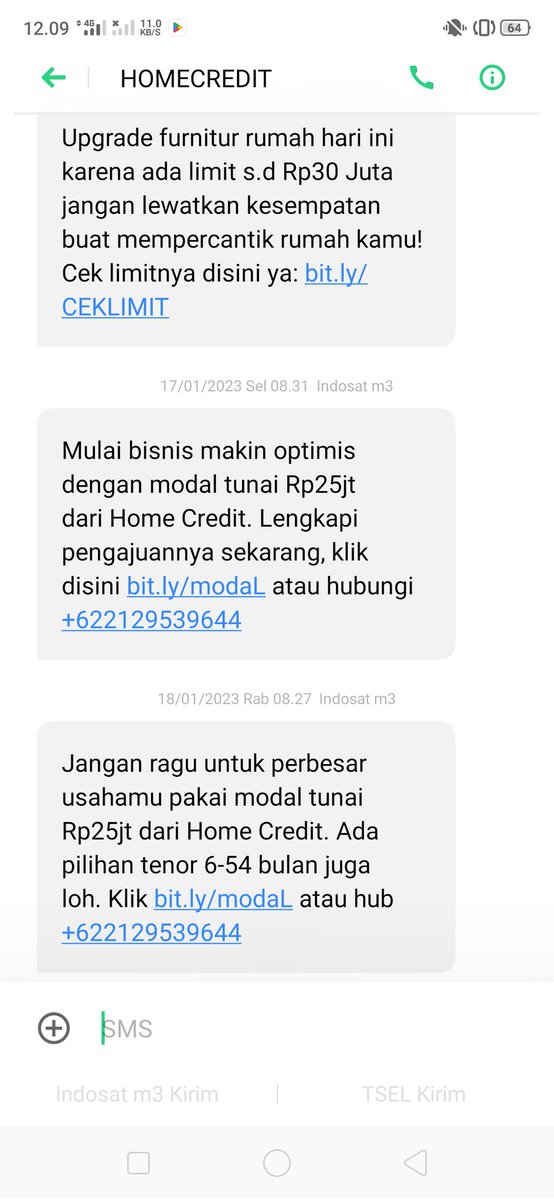 ismulism's tweet photo. Woy @homecreditid udah gila ya  bombardir mulu tiap saat. Nawarin pinjaman ko sampe segitunya. Padahal saya udh minta jangan dtlpn lg nomor saya tp ttp aja neror. 

Pak @kemkominfo @YLKI_ID tolong dong ditertibkan yg seperti ini. Abis call pindah ke chat wa trs lanjut sms. Stress https://t.co/RecTtisaf1