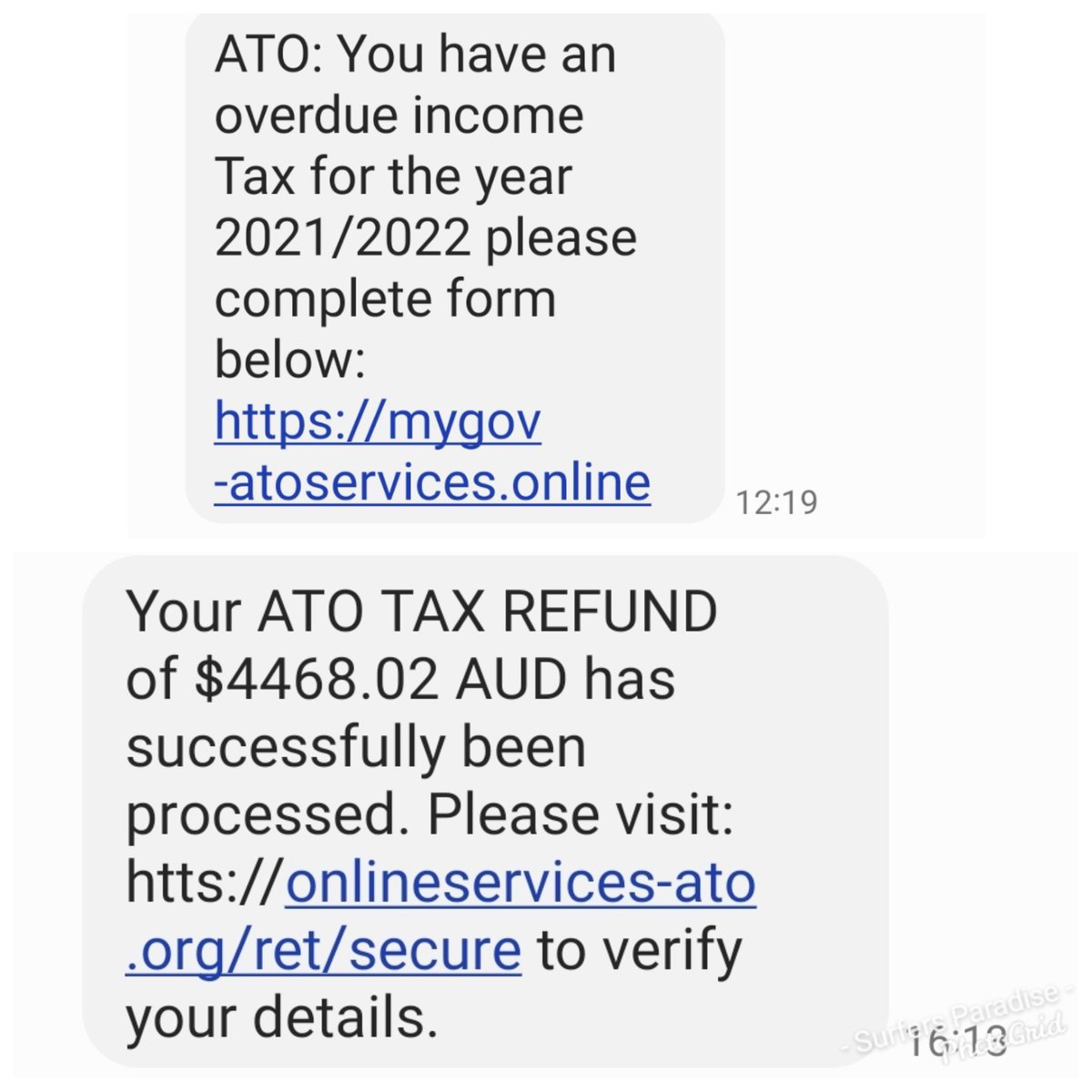 EAnneRuss1's tweet photo. These "ATO" scammers really should make up their mind https://t.co/m4DqUZe879