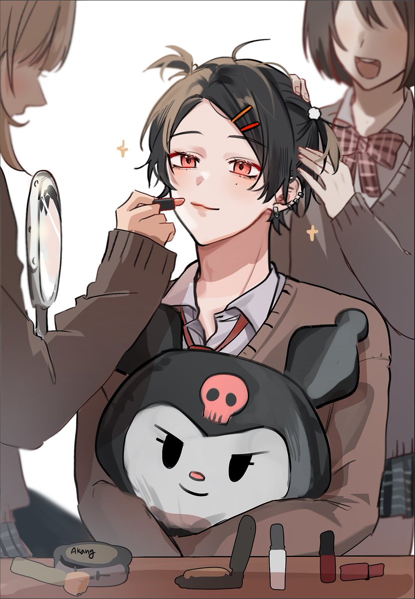 applying makeup hair ornament black hair 1boy mirror mole under eye school uniform  illustration images