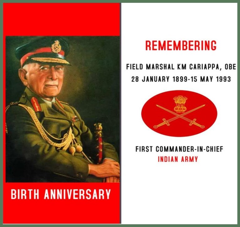 MajorSaurabhSh3's tweet photo. Remembering Field Marshal KM Cariappa, on his 123rd #BirthAnniversary. The officer was the first Indian Commander-in-Chief of #IndianArmy &amp; one of the greatest Indian Military Leaders.

#IndianArmy
#InStrideWithTheFuture
#AmritMahotsav #JoinIndianArmy #joinindiannavy https://t.co/KFAT6DRNnp