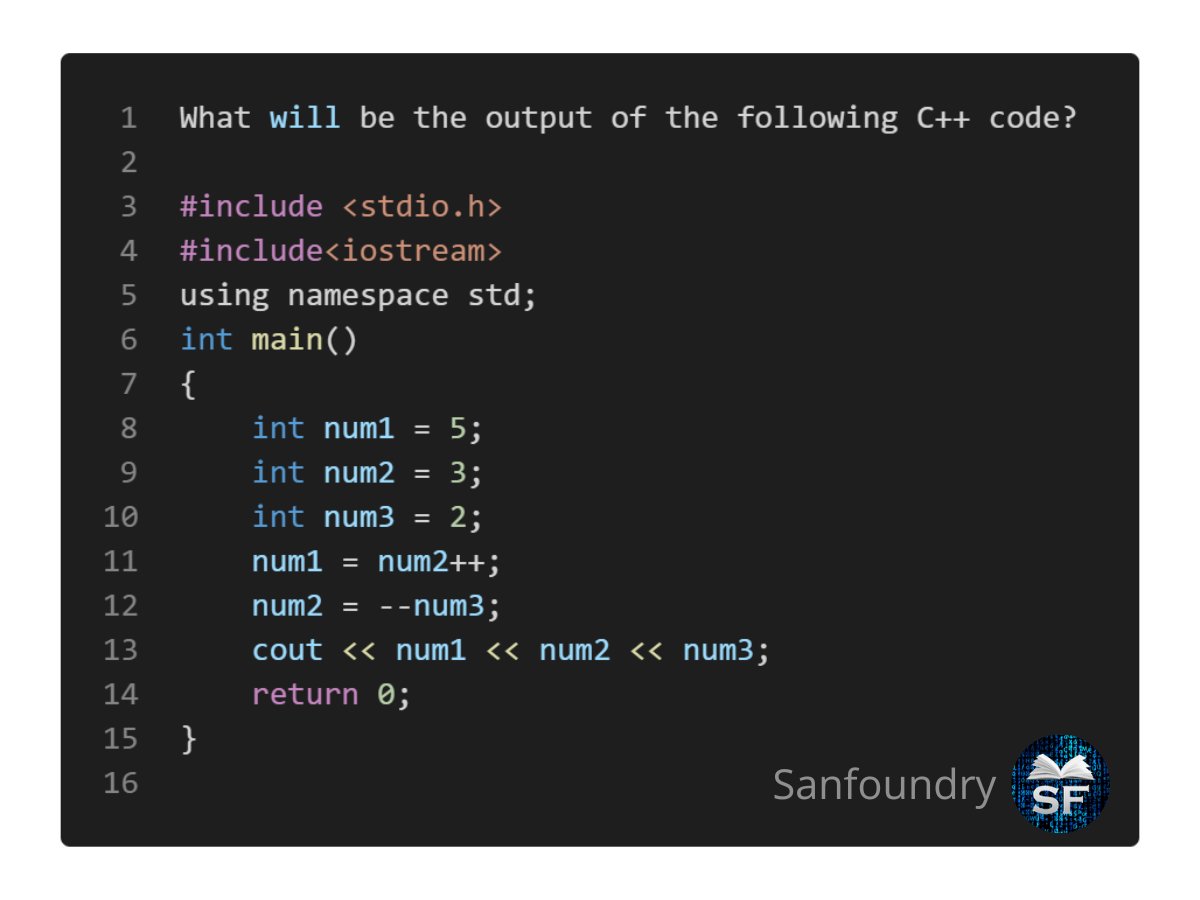 sanfoundry's tweet image. ✨✨ Sanfoundry C++ Programming Quiz ✨✨

#cpp #cplusplus #cpluspluscode #programming #quiz #100daysofcode #codingisfun #codingproblems #codingchallenge #programmerlife #100daysofcodechallenge #programs #learning #fresher #sanfoundry

Answer (Question 8): buff.ly/3G93ZnY
