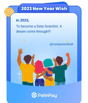 Companion_Ruth's tweet photo. @palmpay_ng @palmpay_ng
My 2023 resolution: 

Backing off is never an option
I go again!
See @ZenithOrla 

#PalmPay 
#YearOnPalmPay
#MoneyMatters https://t.co/kOeB0uHc8a