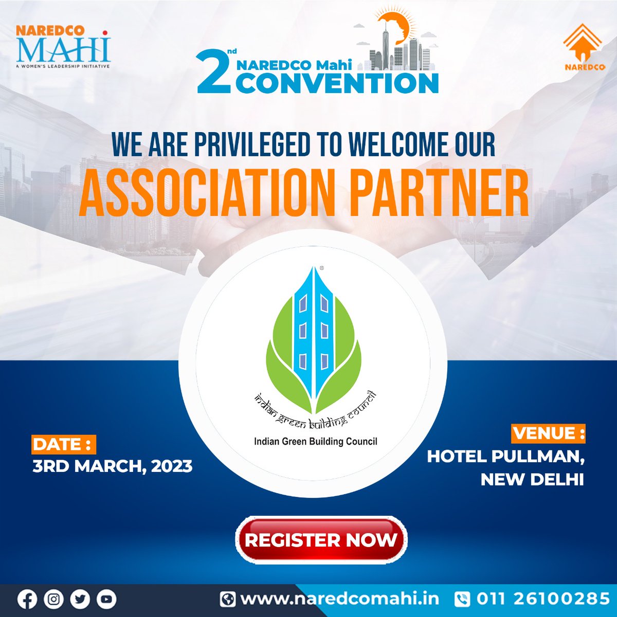 NaredcoMahi's tweet image. Presenting you our #Associationpartner for the event “2nd NAREDCO Mahi’s Convention. 

Date - 3rd March, 2023
Venue - Hotel@Pullman, New Delhi

@IGBConline

#NAREDCOMAHI #NAREDCO  #womeninrealestate #womeninbusiness #mahiconvention #womeninspiration #empoweringwomen #leadership