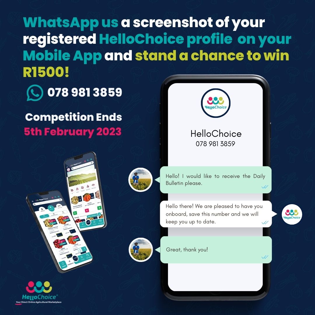 Celebrate the end of Janu-worry! 

WhatsApp us a screenshot of your registered profile on our Mobile App and you stand a chance to win R1,500.

To download our App, go to linktr.ee/hellochoicesa and use 078 981 3859 to message us. 

Entries close on the 5th of February!