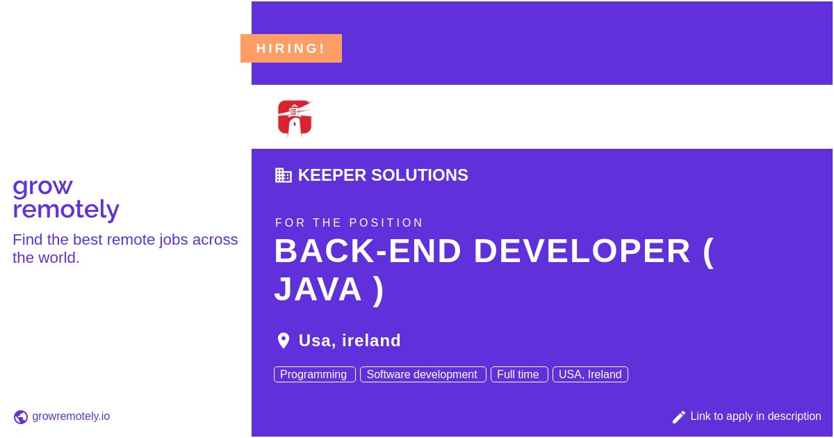 growremotelyio's tweet image. Check out this job at Keeper Solutions for the position Back-End Developer ( Java ).

 Apply link: growremotely.io/?id=63d468b3a5…

#hiring #remotejobs #KeeperSolutions #Programming