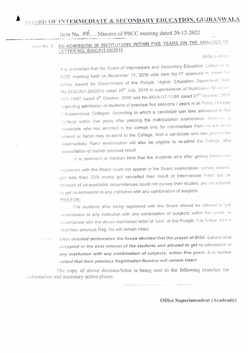 Notification about Re-admission in institutions within five years on the analogy of letter No.So(CA)1-28/2015