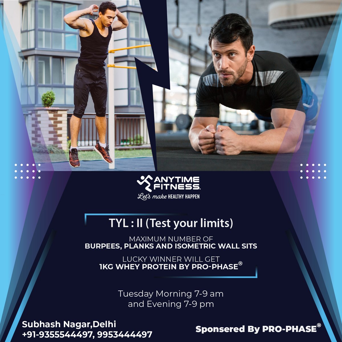 AFSubhashnagar's tweet image. TYL - II( Test Your Limits)

Maximum number of Planks Burpees and Isometric Wall sits challenge

Lucky winner will get 1kg Whey Protein by PRO-PHASE.
 #competition #fitnessmotivation #prophase #fitness #training #healthy #gym #female #male #gymgirl #anytimefitnesssubhashnagar