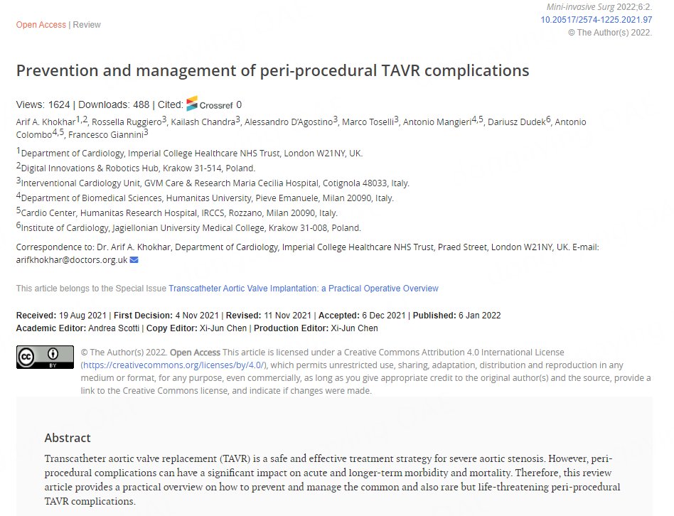 🌸Popular article: Prevention and management of peri-procedural TAVR complications 🥳Link: misjournal.net/article/view/4… @DrWheatley @Ed_Alania @StFrancis_LI