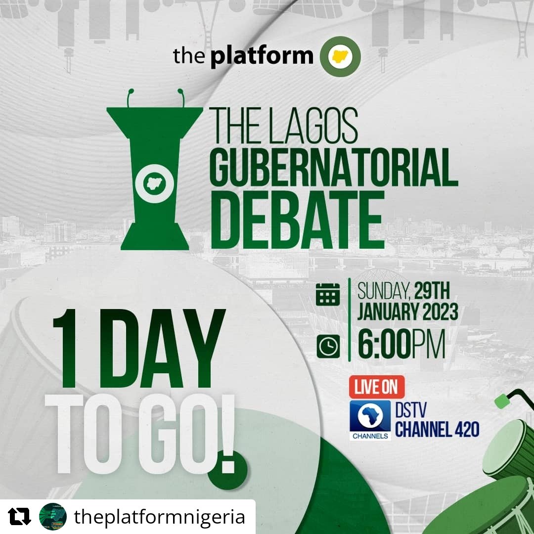 pastorpoju's tweet image. The Lagos Gubernatorial Debate Holds Tomorrow!

Yes! Join us this Sunday 29th January 2023 from 6.00pm via Channels Television DSTV 420

This debate is to determine who is most able to manage the 5th largest economy in Africa.

#ThePlatformNG
#GubernatorialDebate 
#GovernorRace23