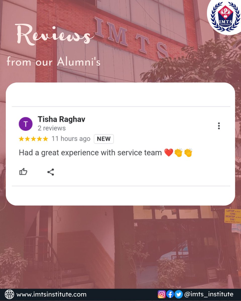 IMTSINSTITUTE's tweet photo. Review from our one of Alumni on Google. Website link in bio-
Follow us for more- @IMTSINSTITUTE
#Testimonial #Review #feedback #Servicefeedback #IMTSreview #Googlereview #Onlinelearningplatform #DistanceEducation #IMTSInstitute #IMTSNoida https://t.co/pPs41vEuhX