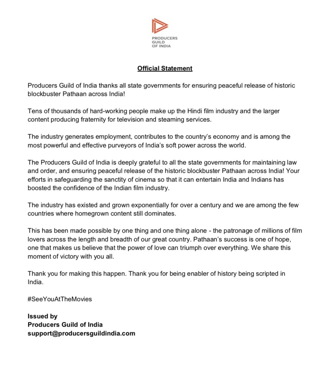 producers_guild's tweet photo. Official Statement by Producers Guild of India thanking all state governments of India for ensuring the peaceful release of #Pathaan across the country

#SeeYouAtTheMovies https://t.co/4NBIip2b06