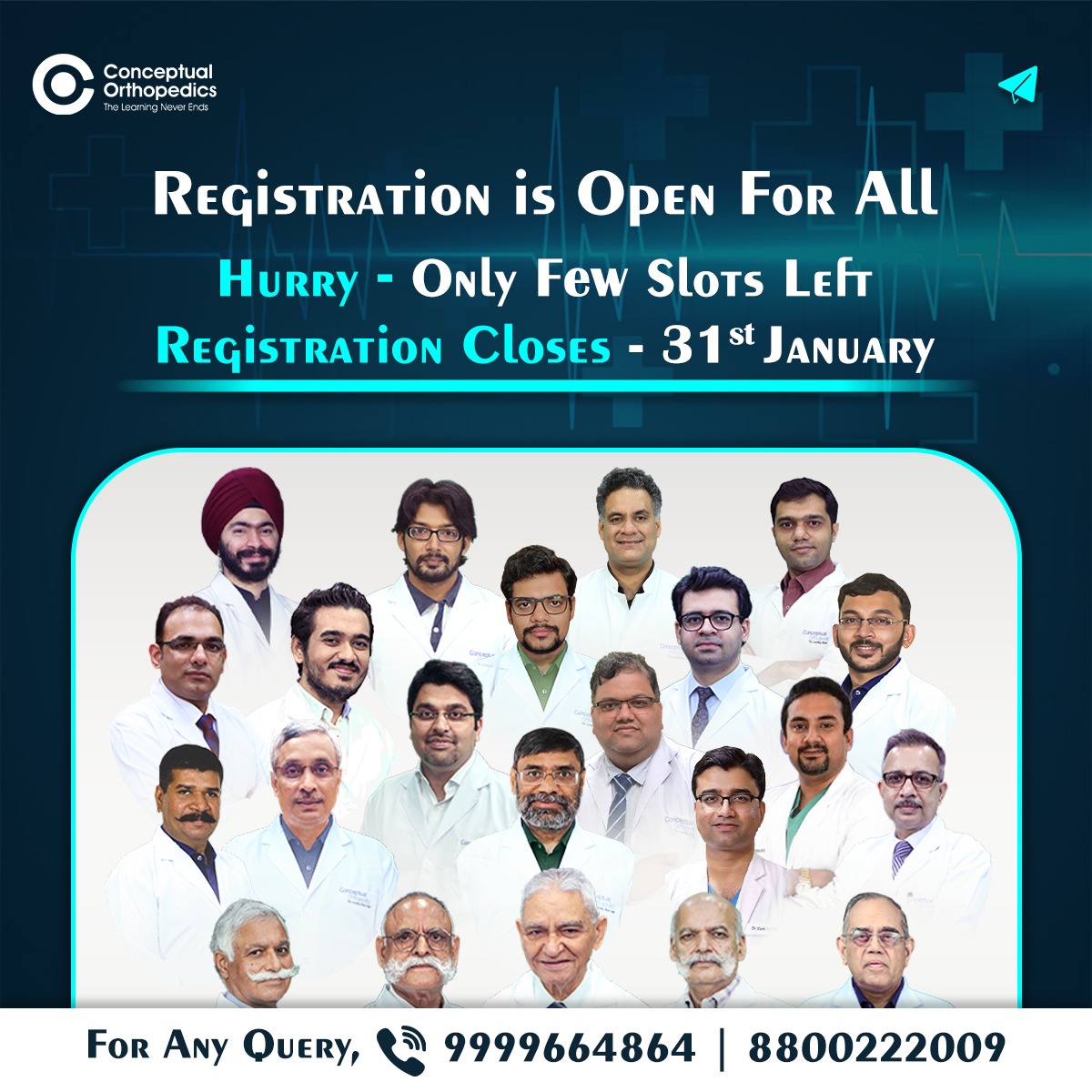 Don't miss this chance to learn from the legends themselves.
Hurry !
Book your slot now.

Keep following @conceptualorthopedics
For any queries, please contact 9999664864 | 9999123647

#conceptualorthopedics #copgcourse #drapurvmehra #orthopedics #orthoresidents #ortholearning