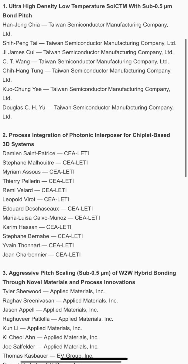 InoueFumihiro's tweet image. このセッションまさしく世界最高峰だ...。学会レベルでついに平気で「複数社が」0.5umピッチ出してきた...。

TSMC、AMATがサブミクロンピッチHybrid bondingの成果公表。
#ECTC