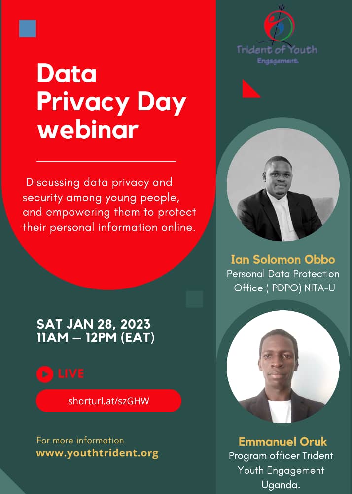 Today we join @YouthTrident to celebrate #DataprivacyDay2023. Our own @obboians will be speaking at the webinar discussing 'Data Privacy and Security among people and empowering them to protect their personal information online'.
#PrivacyMonthUG2023 #PersonalDataisPrivate