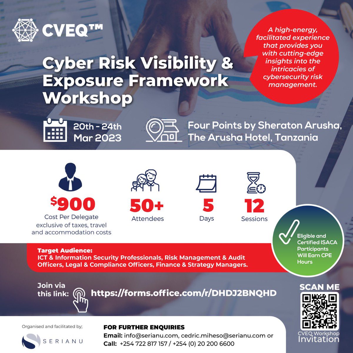 serianultd's tweet photo. In March, we shall be holding a CVEQ Framework workshop In Arusha, targeting ICT &amp; Information Security Professionals, Risk Management &amp; Audit Officers, Legal &amp; Compliance Officers, Finance &amp; Strategy Managers. https://t.co/b2S4oSCmVj