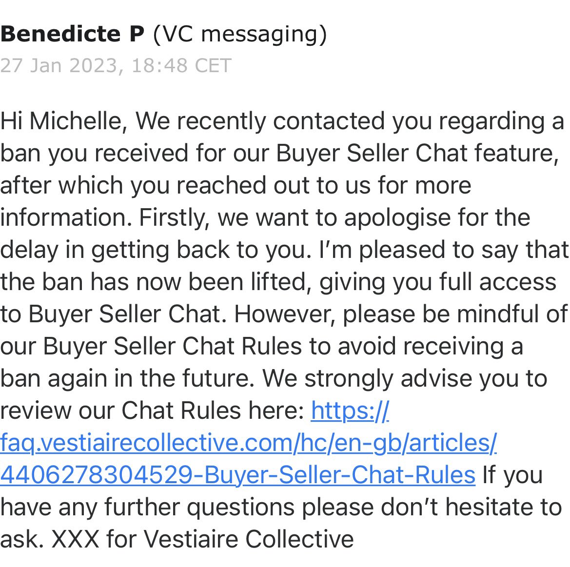 MrsMichelleC1's tweet photo. @vestiaireco Please can someone sort this today?? I’m being told it’s been resolved in VC Messaging, but I’m still banned when I log into my account. It’s been weeks now…this is beyond ridiculous… https://t.co/cgjkttxjYt
