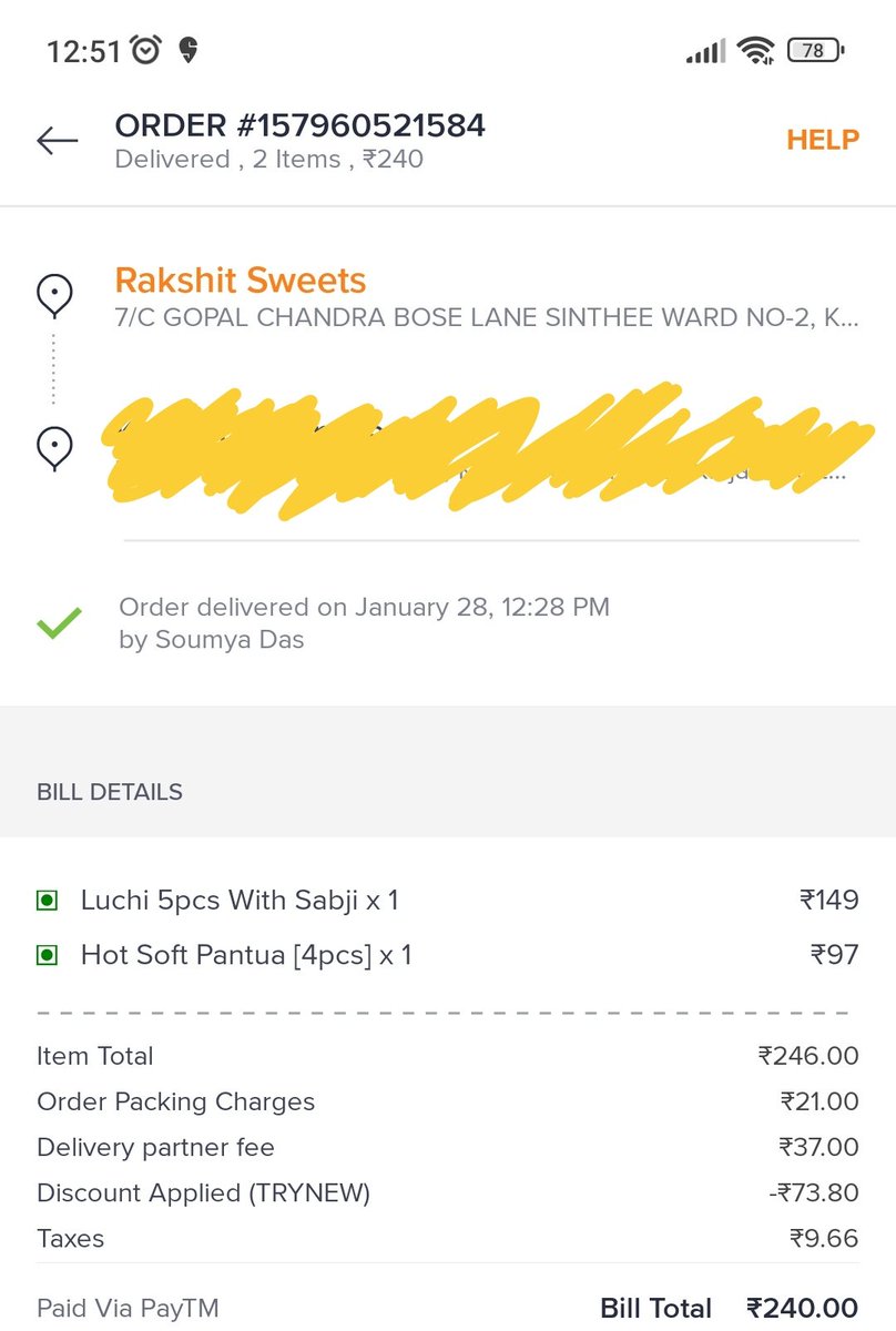atreyee21's tweet photo. @SwiggyCares @Swiggy 
Got luchi-sabji and hot gulab jamun delivered today, all stale and spoilt and smelling of sanitizer, can instantly make someone sick. When complaining, Swiggy says they can refund 72/- max. Unacceptable. Want a full refund or replacement. https://t.co/DTpp9WSgtH
