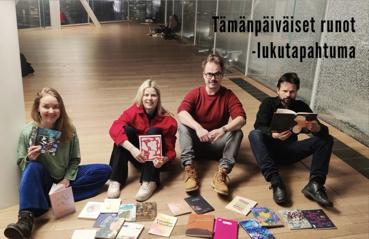 Tämänpäiväiset runot -lukutapahtuma:
Uuden runon ääni 

Esitykset Rikhardinkadun kirjaston 3. kerroksen lukusalissa lauantaina 11.2. klo 13.00–14.00 ja Maunula-talossa torstaina 16.2. klo 18.00-19.00.

Lukijoina Mirjami Heikkinen, Jukka Heiskanen, Wenla Reimaluoto ja Lari Ylönen.