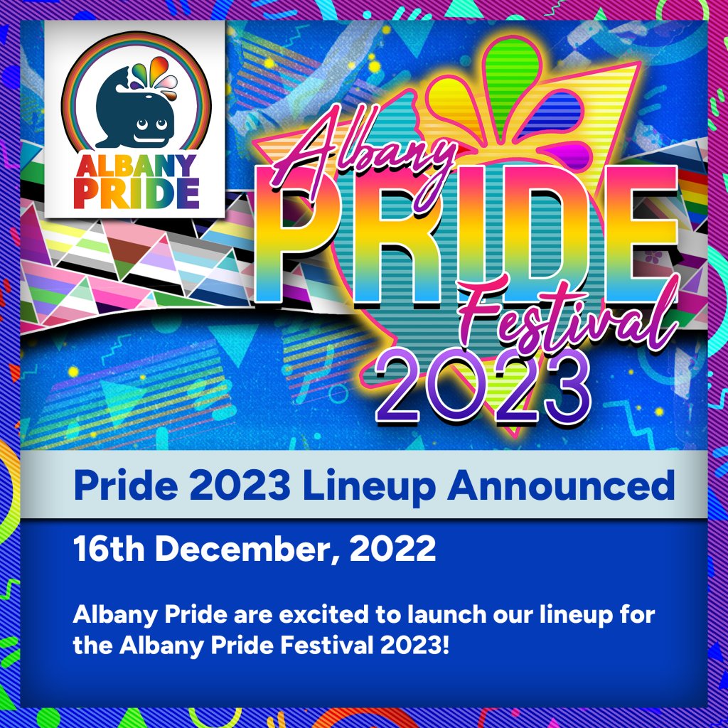 AusPrideNetwork's tweet photo. Albany Pride Festival 2023 is coming this March!

Grab your tickets, learn more and see the full line up at https://t.co/dk4SOZULip

#albany #albanypride #albanyevents #lgbtevents #waevents #lgbtqiafestival #pridefestival #pridefest #pridefest2023 #dragqueens #lgbtq #dragbingo https://t.co/BPz787XEkq