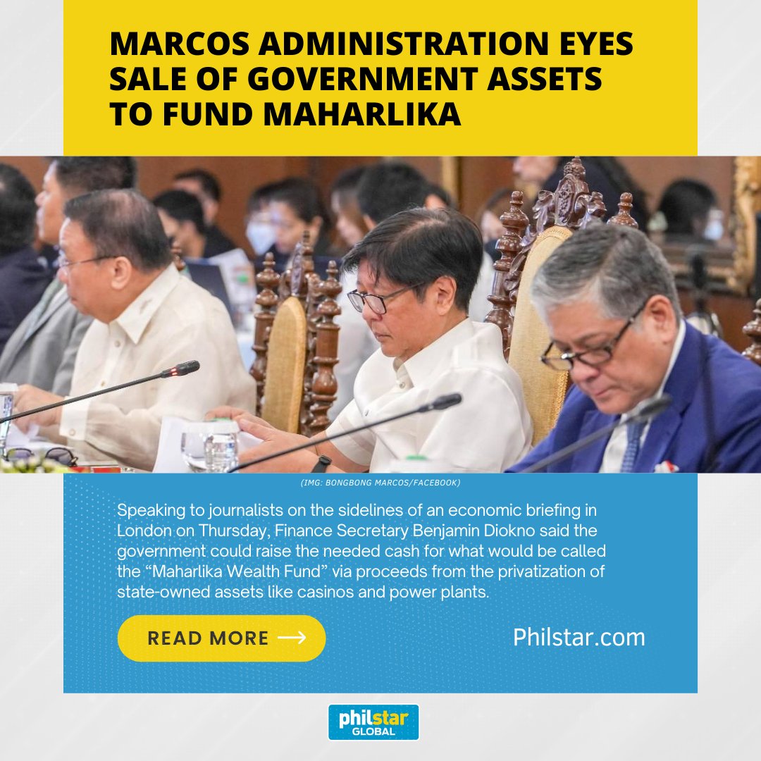PhilstarNews's tweet photo. The Marcos administration is considering selling some government assets to fund its proposed sovereign wealth fund.

Read the report: https://t.co/FoAPSzfZVy https://t.co/advE7y4R2r