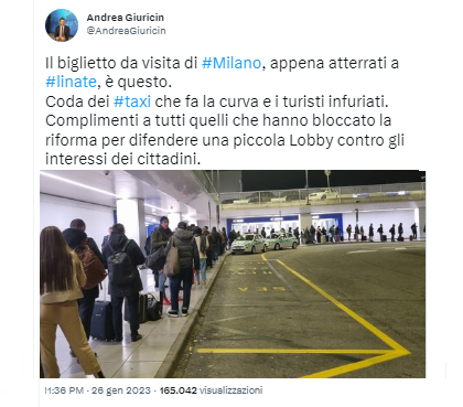 AndreaGiuricin's tweet photo. Ho scatenato un "piccolo" dibattito sulla mancata riforma dei #taxi.
Oltre 165 mila visualizzazioni.
Il concetto che dobbiamo portare avanti::
La riforma dei #Taxi è necessaria.
Non è possibile continuare a sfavorire milioni di cittadini per favorire piccole lobby. https://t.co/4K4BjyAtDH