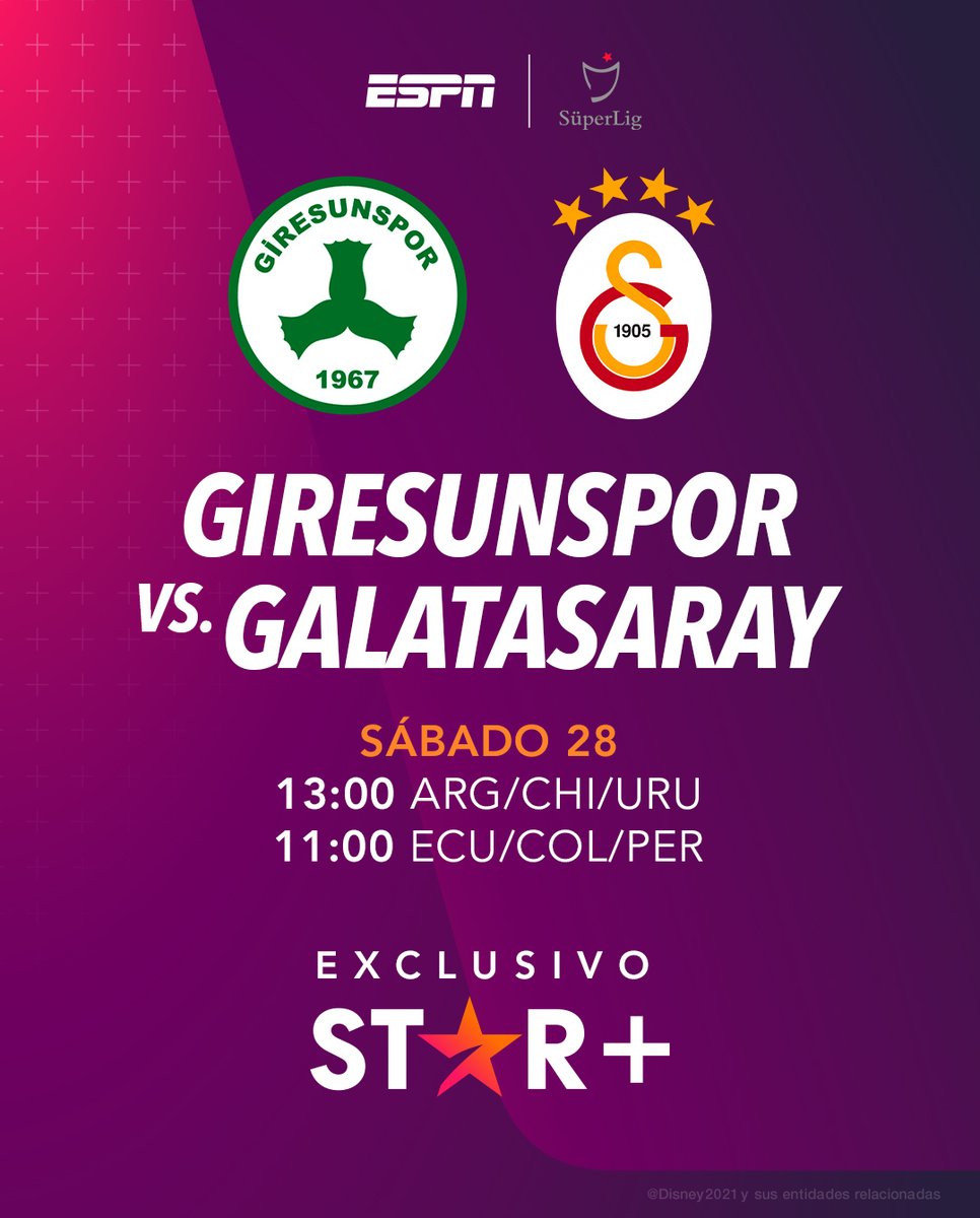 ESPNColombia's tweet photo. ¡DISFRUTA DE LA SUPERLIGA DE TURQUÍA!
Giresunspor recibe al Galatasaray, que buscará sacar diferencia en el liderato.
Vive este duelo por #ESPNStarPlus. https://t.co/Gdp36fkdCW