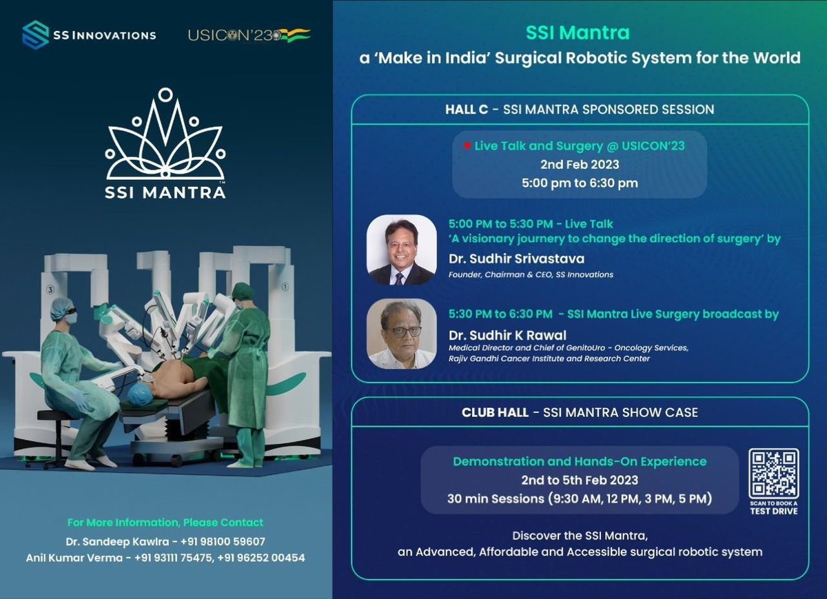 We are very excited to participate in the upcoming #USICON meeting in Gurugram from February 2-5, 2023. 

SSI Mantra, Made in India, for the World !!

#SSInnovations #SSiMantra #MakeInIndia #RoboticSurgery #Urology #AtmaNirbharBharat #Usicon2023 #WeAreSSi