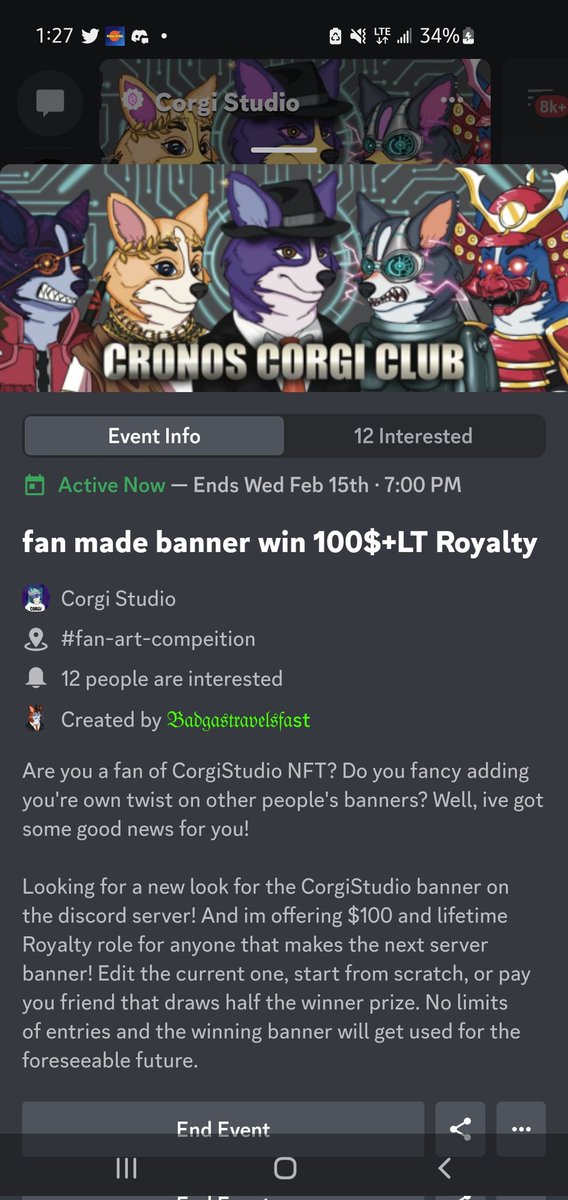 ZeroCool_sonic's tweet photo. What's up #crofam 

Don't forget 100$+lifetime Royalty role is up for grabs with 2weeks left to submit your entry for new server banner.

Only at @CronosCorgi #fftb we got the giveaways, the games, the faucets. 
https://t.co/ttSg2uISmD
#CronosNFT #Cronos https://t.co/hTOqqvFrGo