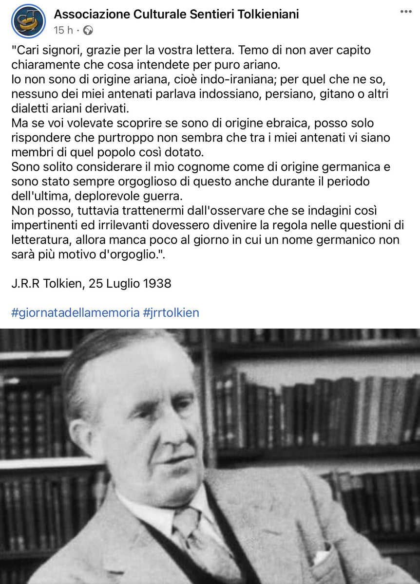 Quando sei un nazista e vorresti arruolare Tolkien ma lui nella risposta ti percula così forte che 85 anni dopo ancora si sentono le vibrazioni dell’epicità #GiornatadellaMemoria