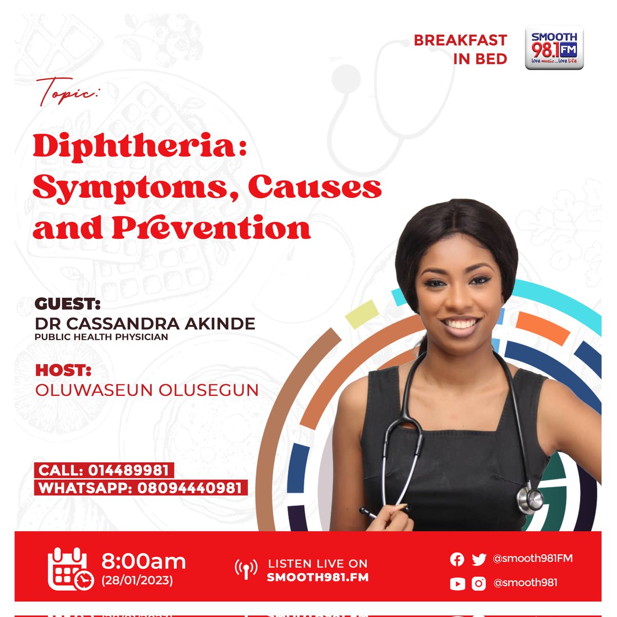 I am lending my voice to this current public health issue #Diphtheria !

Join me on @smoothfm981 as I share more information about the symptoms,  causes, and preventive measures to fight this disease.

#WomenInGlobalHealth
#TropicalMedicine
#VaccinesWork