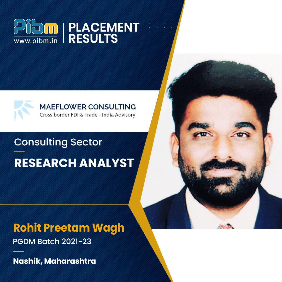PunePIBM's tweet image. We are glad to announce that our student Mr. Rohit Wagh of Batch 2021-2023 got successfully placed at Maeflower Consulting as a #ResearchAnalyst.

#Placed #placementnews #placementday #job #jobpost #jobdone #PIBMPune #MastersWithPIBM #PGDM #pgdmprogram #PIBMPlacements