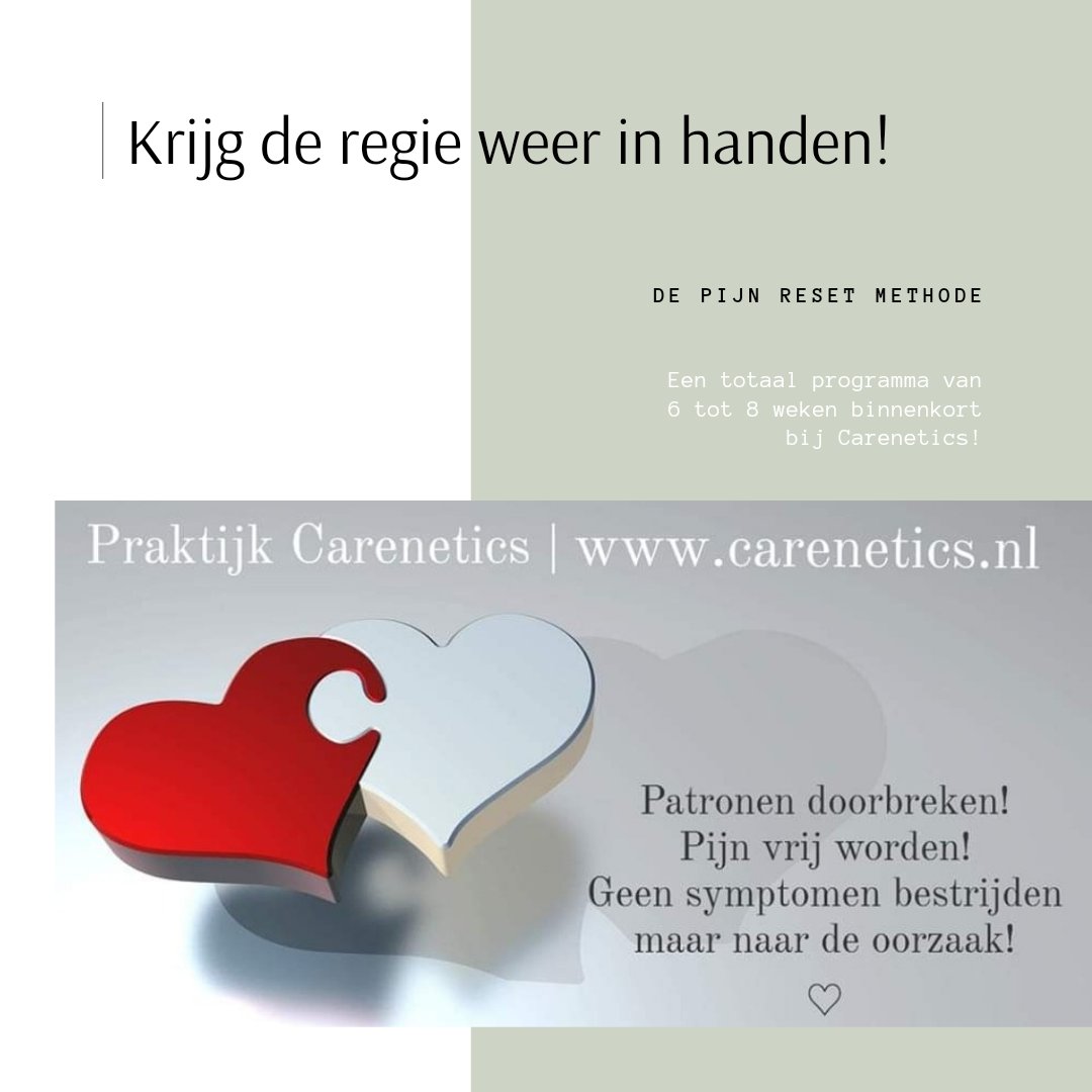 Pijn Reset Methode binnenkort bij Carenetics! Krijg de regie weer in handen, wordt je authentieke zelf en leer luisteren naar jouw lichaam en geest. carenetics.nl 

#prm #tms #beware #gezondheid #bodyandmind #coaching #pijnvrij #selfcare #opstellingen #innerwork #love