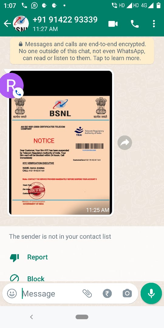 blankop123's tweet photo. @BSNLCorporate  @MumbaiPolice @bihar_police @Cyberdost @MahaCyber1 hello I have just received a message on Whatsapp through a mobile number +919142293339 , about my bsnl card, he says it's been banned, i can see that it's a clear scam please look in to the matter. https://t.co/6T2PTtDnrR