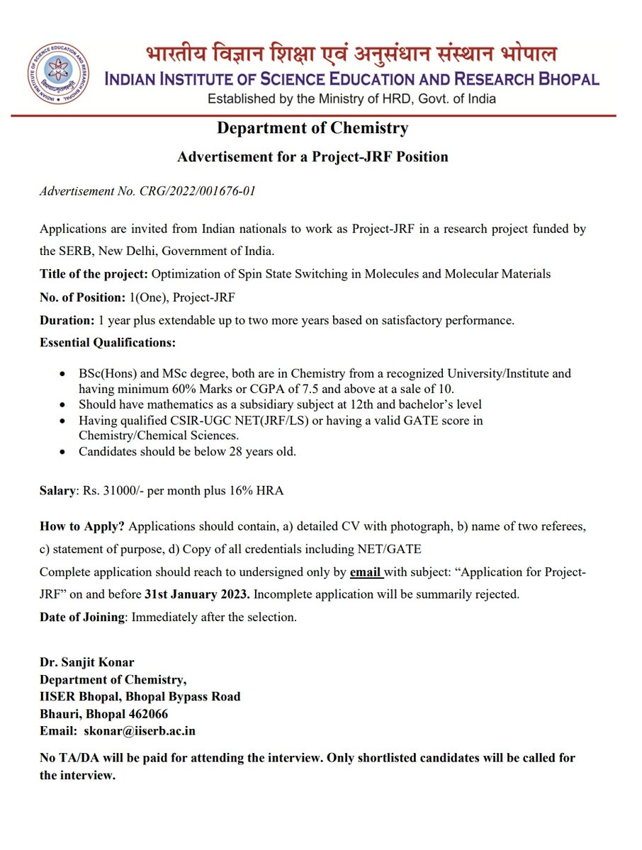 We are hiring! 
1 Project-JRF position is available in the lab. Interested students who have the required qualification can directly send the CV via mail to <a href="/KonarSanjit/">Sanjit Konar</a> 
<a href="/chm_iiserb/">Dept of Chemistry, IISER Bhopal</a> <a href="/iiserbhopal/">IISER Bhopal</a>