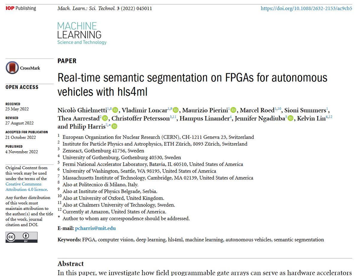 MLSTjournal's tweet photo. 'Real-time semantic segmentation on #FPGAs for #AutonomousVehicles with #hls4ml' by @xmpierinix @Thea_kaa @marcelroed Jennifer Ngadiuba et al @CERN @ETH @zenseact @Fermilab @CMSExperiment hits 500 downloads! https://t.co/MKg8eaMSFb #AI #machinelearning #HEP #particlephysics #HPC https://t.co/J23SfXHJOm