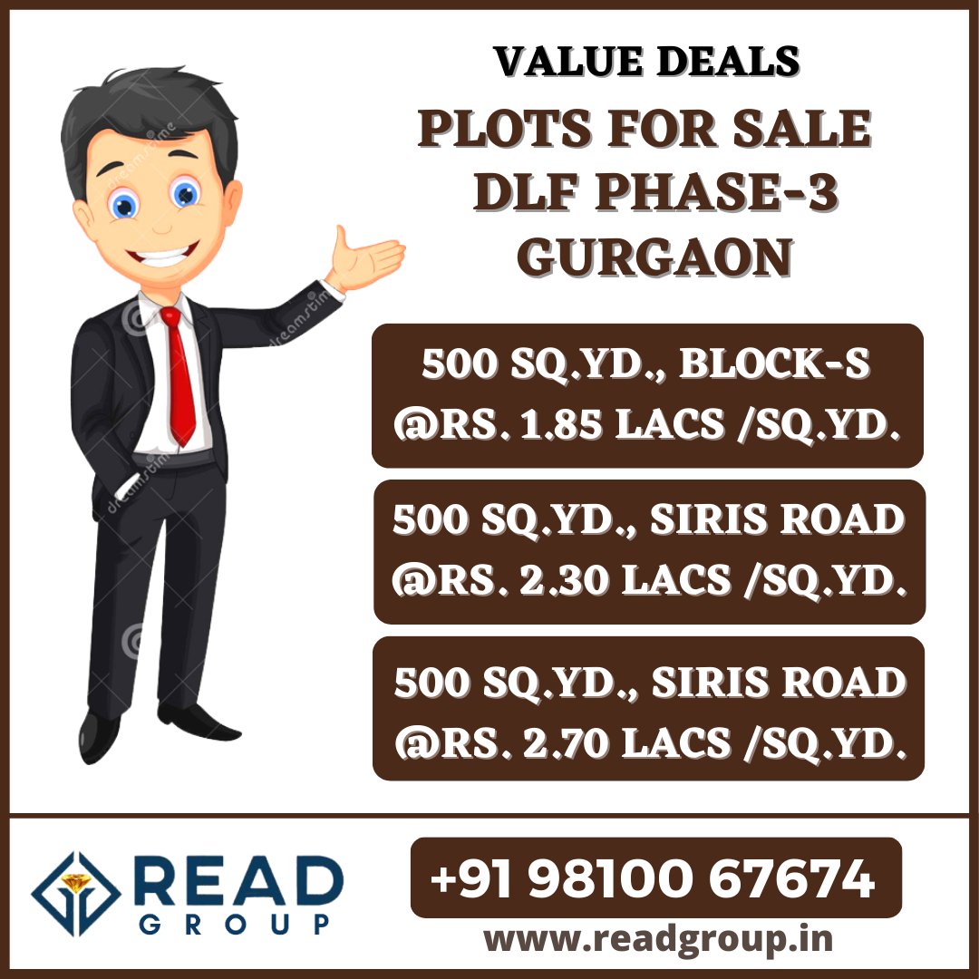 readproperties1's tweet image. ☑️ Value Deals
☑️ DLF PH-3 PLOTS, GURGAON
☑️ 500 sq yd., Block S, @ Rs.1.85 Lac/sq yd.
☑️ 500 sq yd., SIRIS Road, @ Rs.2.30 Lac/sq yd.
☑️ 500 sq yd., SIRIS Road, @ Rs.2.70 Lac/sq yd.

☑️ Call /WhatsApp +91 9810067674

#dlfph3plot #gurgaonplot #gurgaonproperty