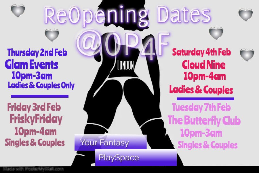 We Are Back Open THIS WEEK! Pre Book For Any Of Our Events Now!😍 Welcoming Current + New Members To London’s Sexiest Events! ourplace4fun.com