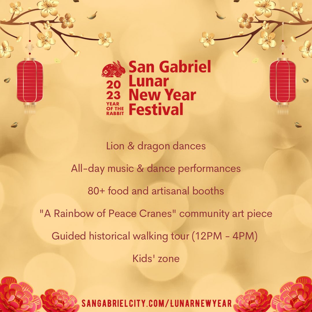 San Gabriel’s Lunar New Year Festival will take place in the Mission District on Saturday, Feb 4 from 10am to 9pm. Join us for a full day of music, dance, food and a kids’ zone!🏮✨#LunarNewYear 🧧For more event details, please visit SanGabrielCity.com/LunarNewYear