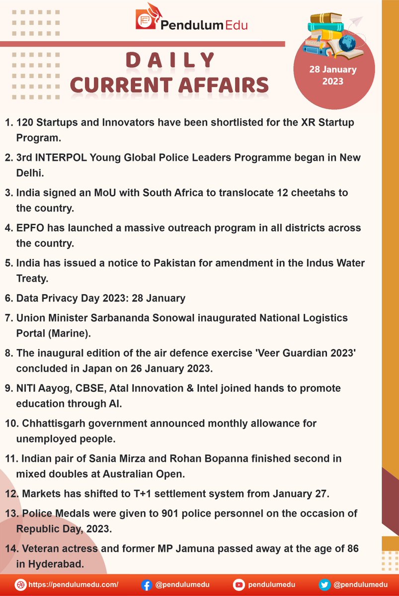 pendulumedu's tweet photo. Current Affairs of 28 January 2023 in English - https://t.co/9btUSGHJ06
#currentaffairs #news #latestnews #breakingnews #pendulumedu #xrstartupprogram #interpolyoungglobalpoliceleadersprogramme #southafrica #epfo #IndusWaterTreaty #DataPrivacyDay2023 #nationallogisticsportal https://t.co/dqFb53TClA