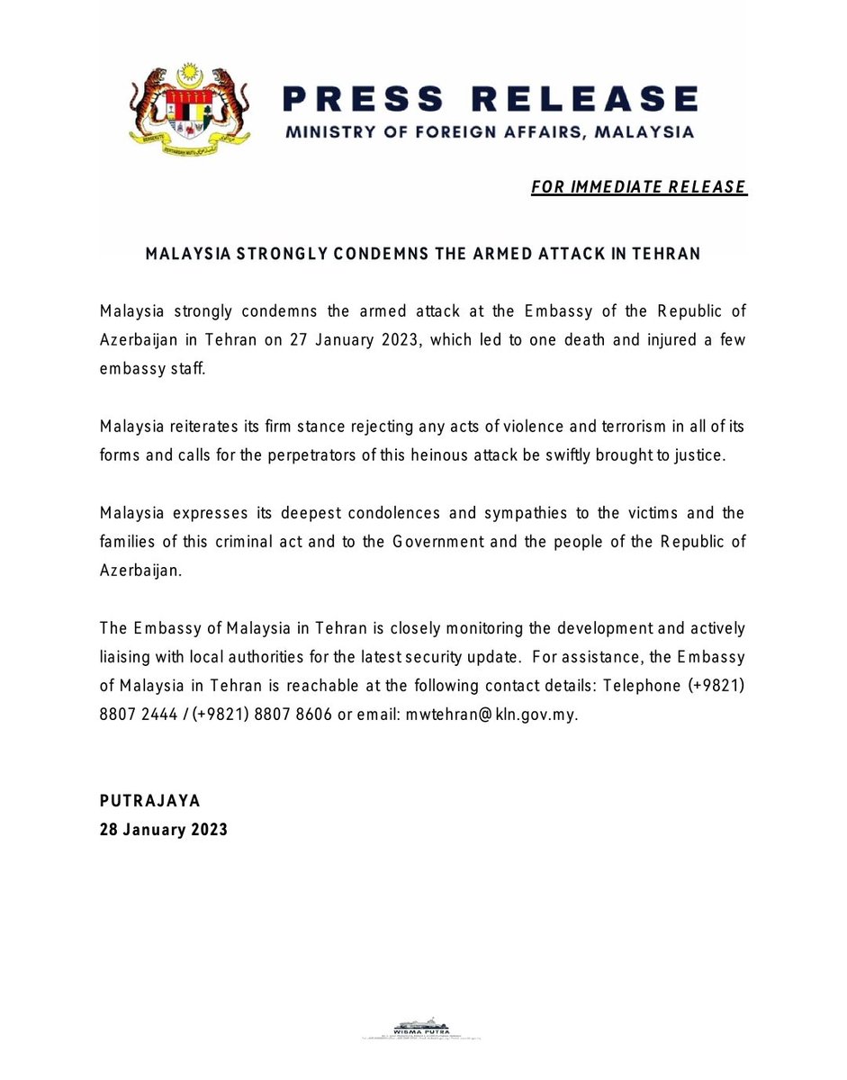 Press Release: Malaysia strongly condemns the armed attack in Tehran