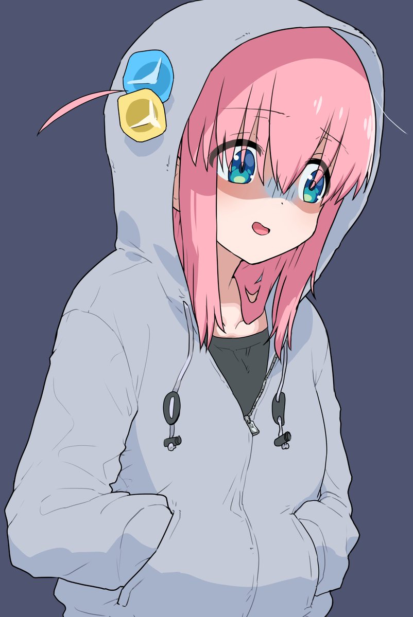 gotou hitori 1girl pink hair solo hood simple background hands in pockets hair between eyes  illustration images