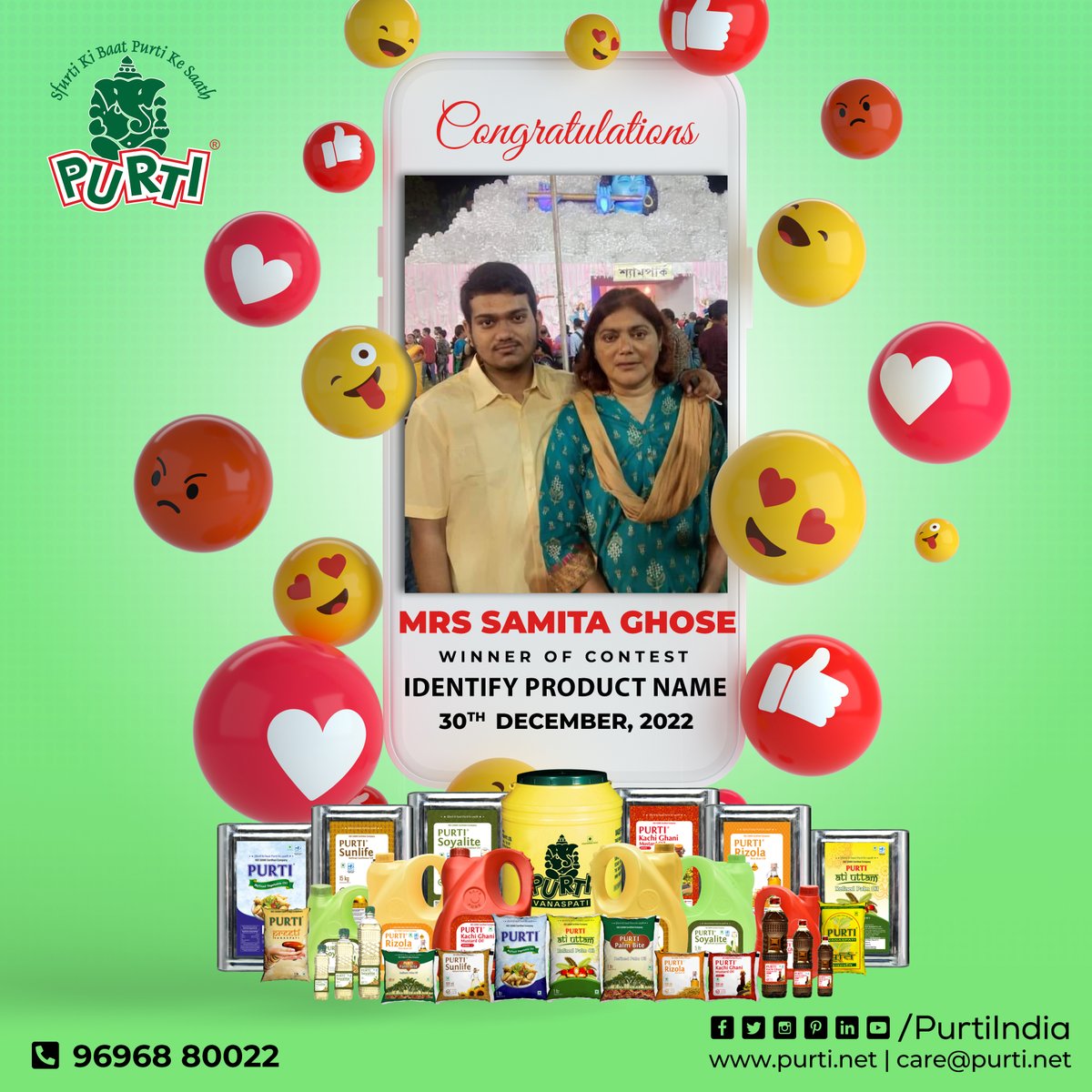 PurtiIndia's tweet photo. We are happy to announce the #Winner of 𝑰𝒅𝒆𝒏𝒕𝒊𝒇𝒚 𝑻𝒉𝒆 𝑷𝒓𝒐𝒅𝒖𝒄𝒕 𝑵𝒂𝒎𝒆 #Contest. Congratulations 𝓜𝓻𝓼. 𝓢𝓪𝓶𝓲𝓽𝓪 𝓖𝓱𝓸𝓼𝓮!

Contest: https://t.co/RaTA31ZDD8 

#Purti #EdibleOil #CookingOil #contestalert #contestwinner #contestoftheweek #contestgiveaway https://t.co/0W9yqiqz6H