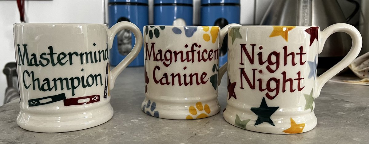 MartineBBC's tweet image. Some dear friends (they know who they are…) gave me a set of six personalised mugs including: for my @MastermindQuiz success, to immortalise my beloved Bo, and in honour of #BBCPapers. I shall treasure them.